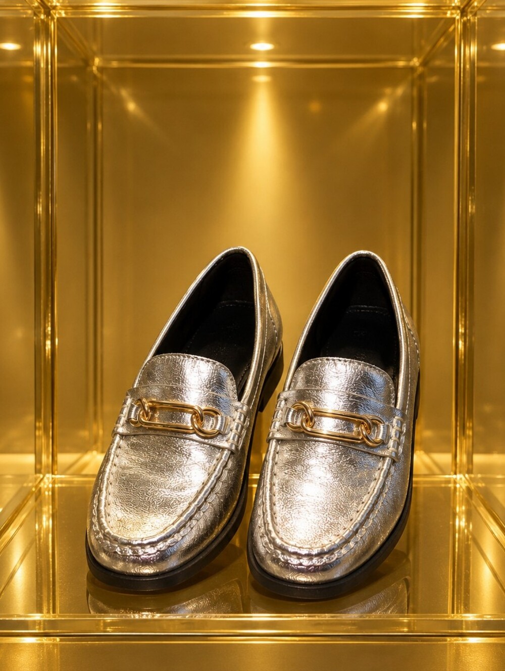 H&M Metallic Silver Loafers with Gold Chain Detail